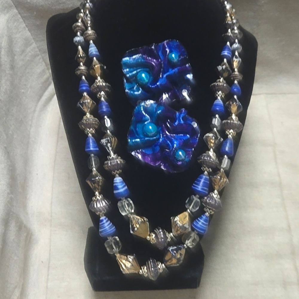 Vintage MCM Japan Signed Blue Gold Giant Statement Earrings Necklace Set
